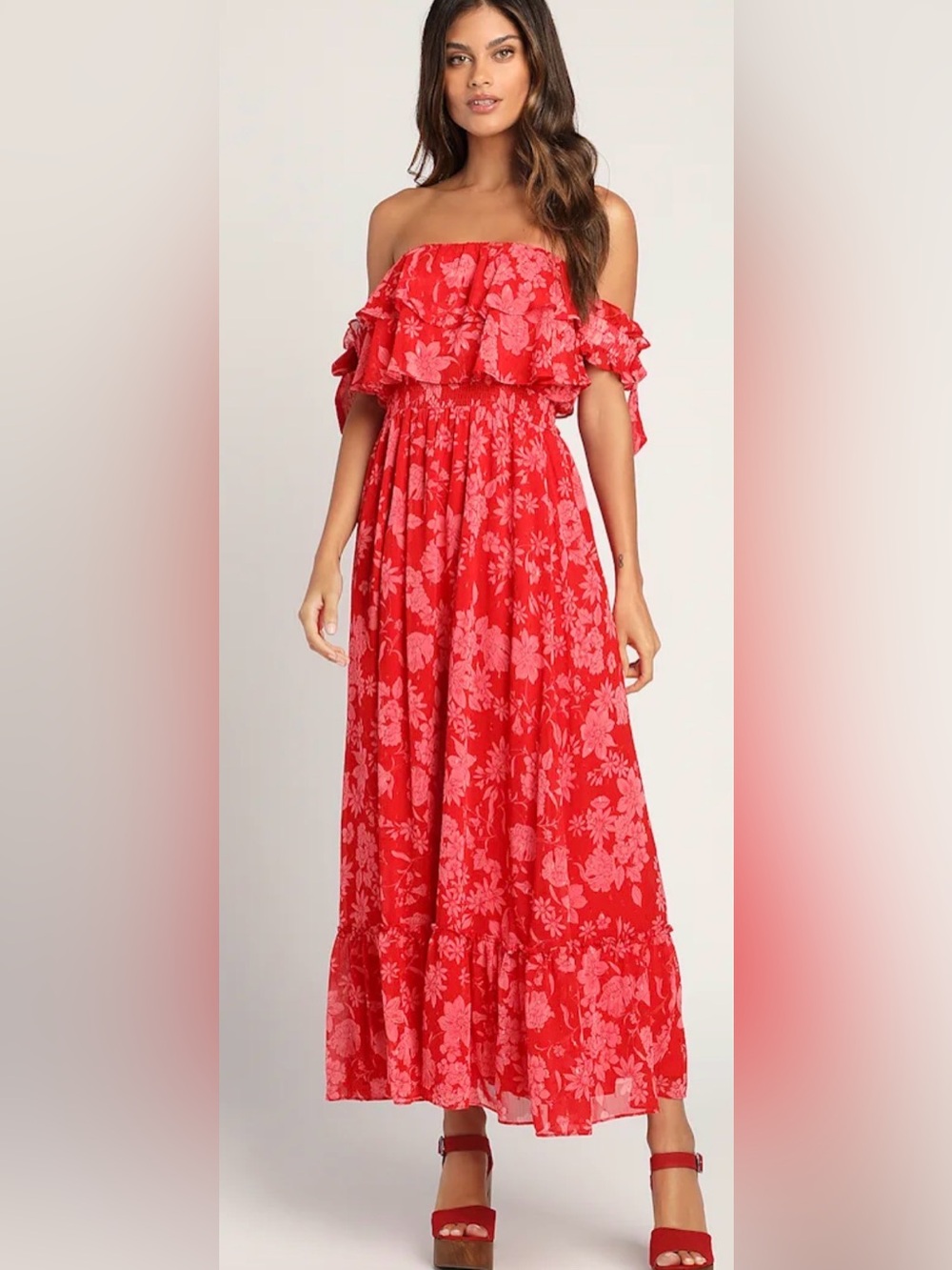 Lulus NWT Red Floral Off Shoulder Maxi Dress Elastic Sleeve Romantic Boho Medium